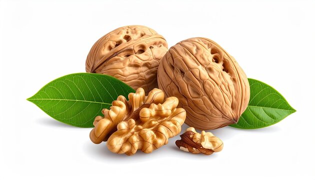 Two whole walnuts and pieces, with green leaves
