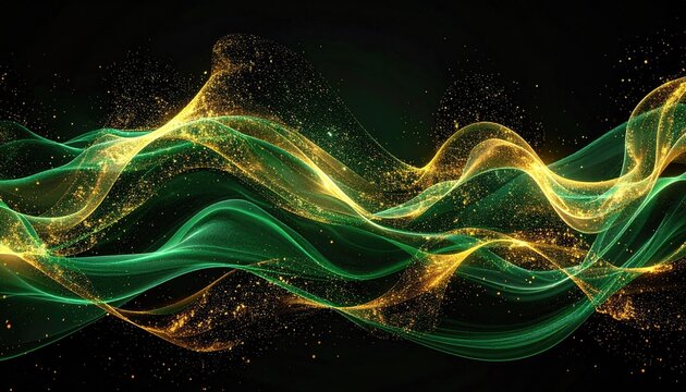 Abstract, flowing, golden and green waves on a dark background