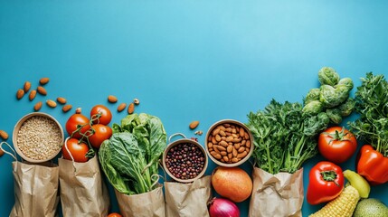 Background for a healthy diet, trendy alkaline diet products - fruits, vegetables, grains, and nuts. oils, light blue background, top view