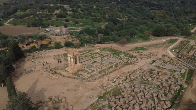 Drone footage of Valle dei Templi in Agrigento, Sicily, highlighting the Temple of Concordia, Temple of Juno, Temple of Heracles, Temple of Olympian Zeus, and Castor and Pollux.