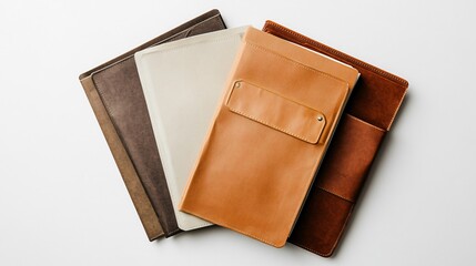 three leather folders with documents on a white background