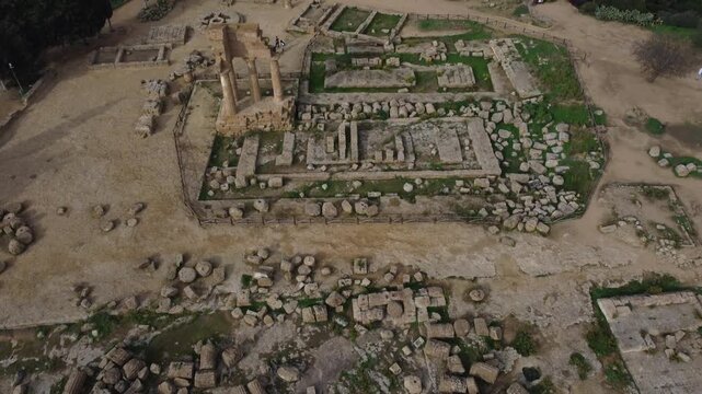 Drone footage of Valle dei Templi in Agrigento, Sicily, highlighting the Temple of Concordia, Temple of Juno, Temple of Heracles, Temple of Olympian Zeus, and Castor and Pollux.