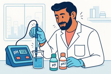 Scientist using pH meter in laboratory while testing liquid solution with beaker and chemical bottles on light abstract background. Ai generative