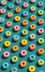 Fototapeta premium Colorful donuts arranged in a repeating pattern on a teal background doughnut sweet