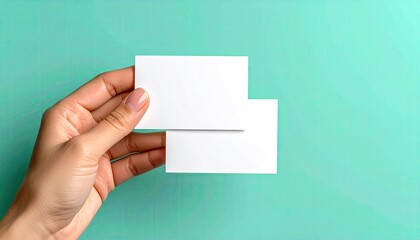Hand holding two blank business cards against teal background