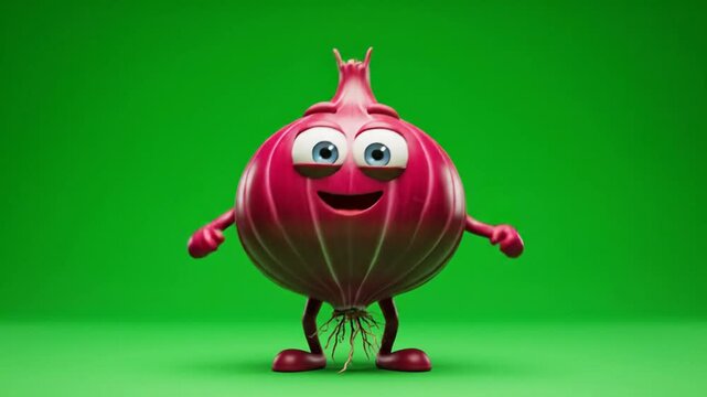 Animated red onion character walking against green background