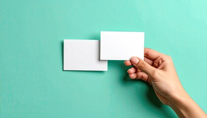 Hand holds two blank business cards against teal background (1)