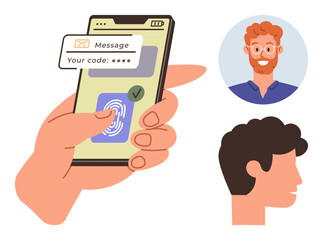 Persons hand using fingerprint verification and code to unlock smartphone. Nearby profile and avatar icons. Ideal for security, technology, biometrics, identity, authentication, privacy apps. Simple