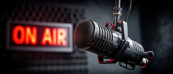 A professional microphone in a studio with a glowing "ON AIR" sign, indicating a live broadcast or recording session