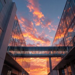 Modern Architecture Reflecting Vibrant Sunset Sky with Glass Windows