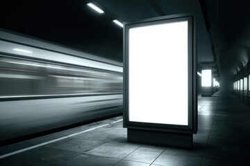 A blank illuminated billboard stands in a modern subway station as a train speeds by, creating a dynamic, urban atmosphere