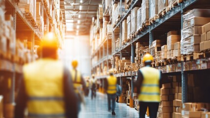 Obraz premium Workers in safety vests and helmets operate in a spacious warehouse lined with shelves stacked high with boxes and packages