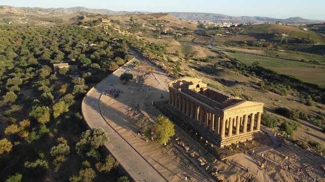 Drone footage of Valle dei Templi in Agrigento, Sicily, highlighting the Temple of Concordia, Temple of Juno, Temple of Heracles, Temple of Olympian Zeus, and Castor and Pollux.