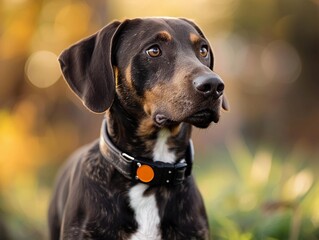 Brown dog with collar looking curiously in a sunny outdoor setting during late afternoon