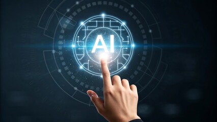 Hand pressing digital AI button on futuristic virtual interface with glowing technology design
