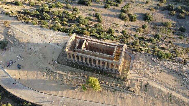 Drone footage of Valle dei Templi in Agrigento, Sicily, highlighting the Temple of Concordia, Temple of Juno, Temple of Heracles, Temple of Olympian Zeus, and Castor and Pollux.