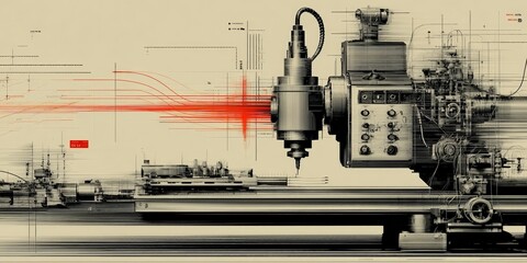 Complex industrial machine drawing with intricate schematics and vibrant red data flows