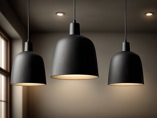 Obraz premium Three black pendant lights hanging from ceiling against neutral background, minimalist luxury style interior design