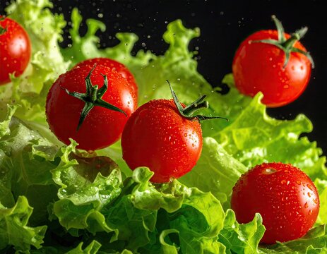 Fresh, vibrant cherry tomatoes and lettuce leaves, glistening with water droplets, against a dark background