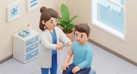doctor administering vaccine to male patient in clinic