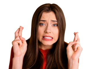 Photo of trembling fearful frightful youngster with teeth shown in fear fingers crossed horrified facial expression isolated over yellow vivid color background