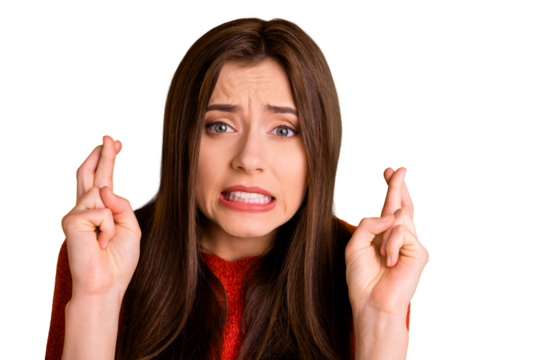 Photo of trembling fearful frightful youngster with teeth shown in fear fingers crossed horrified facial expression isolated over yellow vivid color background