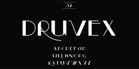 Elegant art deco font druvex with alphabet and numbers on black background