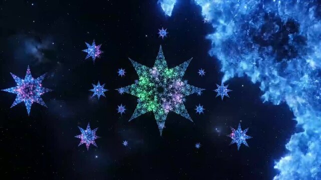 Observing a radiant green central star among celestial colors in a night sky view, captured as a dynamic digital illustration