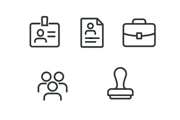 Business and office icons set with identification card, resume, briefcase, team, and stamp symbols