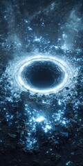 A digital depiction of a black hole, surrounded by an illuminated accretion disk and a field of cosmic debris, rendered in shades of blue and black