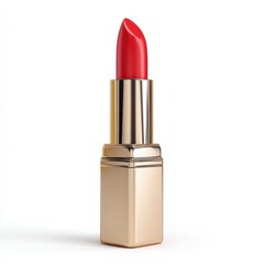 A luxurious red lipstick in a gold tube stands upright against a clean white background