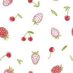 Hand drawn simple doodle pattern with cherries and strawberries. Repeated seampless pattern for wallpaper, textile, wrapping paper.
