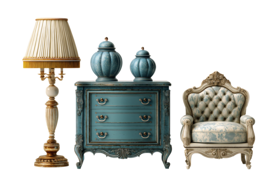 Collection of vintage antique furniture distressed teal blue chest of drawers with ginger jars ornate gold table lamp and tufted sage green damask armchair  isolated transparent background. - Powered by Adobe