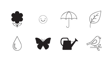 Spring icons collection vibrant flower umbrella leaf water drop butterfly watering can bird vector