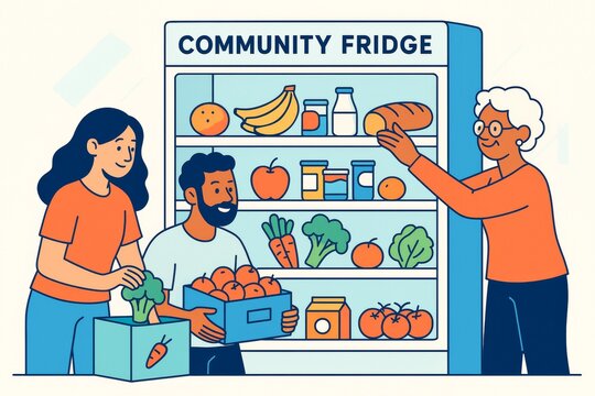 People sharing fresh food at community fridge for donation and support on light background, concept of kindness and mutual aid in society. Ai generative