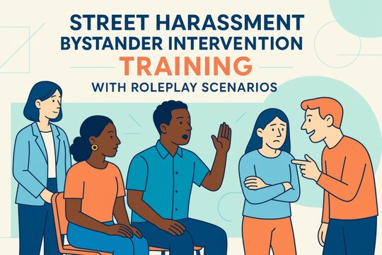 Street harassment bystander intervention training scene with diverse people roleplaying conflict resolution on a light creative background. Ai generative