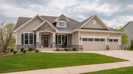 Modern suburban house with manicured lawn, stone accents, and spacious driveway under a cloudy sky
