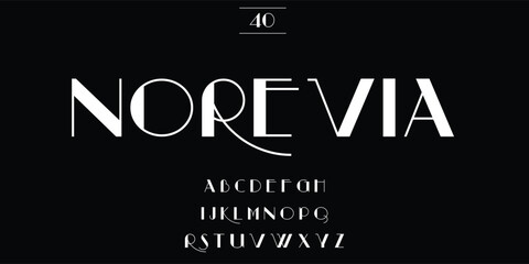 Elegant and modern norevia font with alphabet and numbers on black background