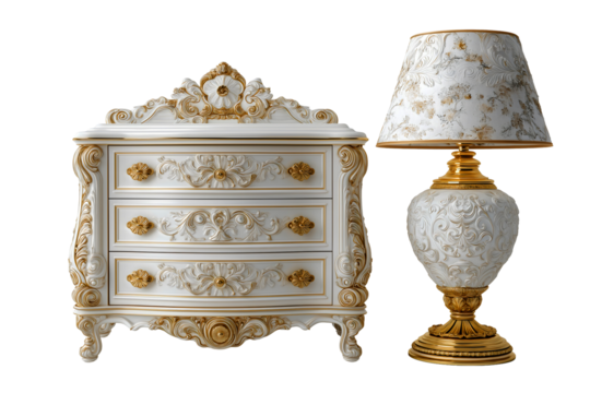 Furniture set, white and gold chest of drawers with matching table lamp, rococo scrollwork floral carvings and decorative gilt accents on isolated transparent background.