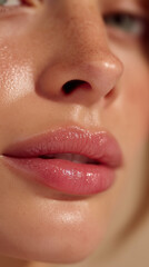 Naklejka premium Close‑up of glossy pink lips and freckles – skincare and lip care concept