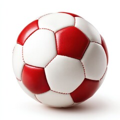 Fototapeta premium A red and white soccer ball with a classic stitched pattern, isolated on a white background