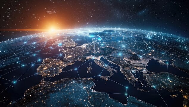 A digital rendering showcases Earth at sunrise, with a network of illuminated lines connecting various locations, primarily across Europe and parts of Africa, highlighting global connectivity