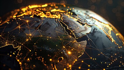A digitally enhanced globe showcases a network of glowing lines connecting various points across its surface, highlighting global interconnectedness