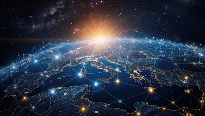 A digitally enhanced image depicting Earth at night, showcasing a network of interconnected nodes across Europe and the Mediterranean, illuminated by city lights and a radiant sunrise
