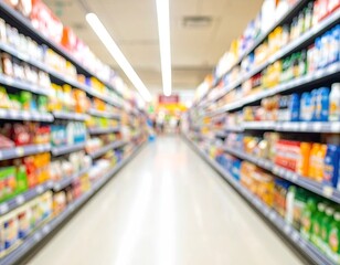 Blurred supermarket aisle with colorful products on shelves