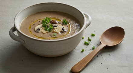 Creamy Mushroom Soup with Parsley Garnish and Wooden Spoon