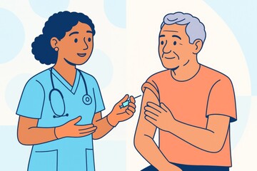 Nurse preparing to vaccinate elderly man with syringe, both smiling in a healthcare setting with light abstract background in science concept style. Ai generative