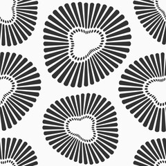Abstract round organic shapes silhouettes seamless pattern. Vector black and white background. Flat design vector background. Shapes with rays and dots isolated white background.