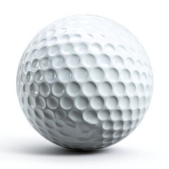 A close-up view of a white golf ball with detailed dimples, isolated on a plain white background