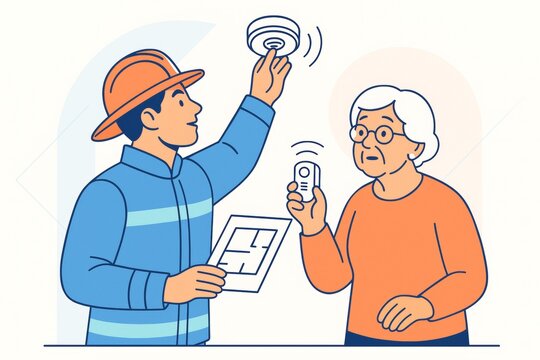 Firefighter helping elderly woman test smoke detector with remote on light background, showing fire safety awareness and home preparedness concept. Ai generative